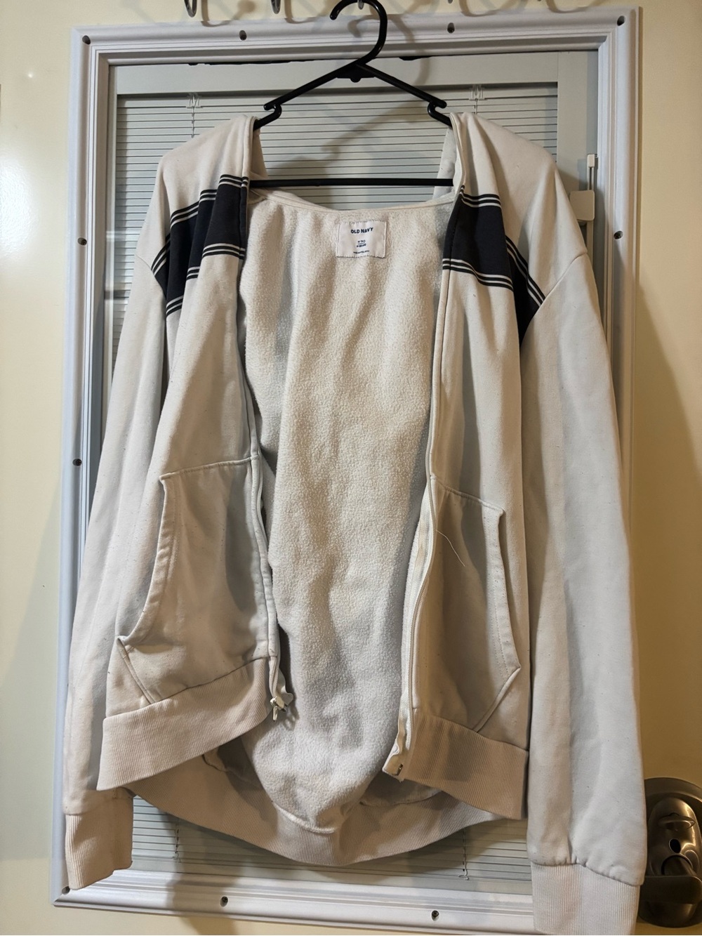 Old Navy Cream Zip-Up Hooded Sweater with Black Stripes